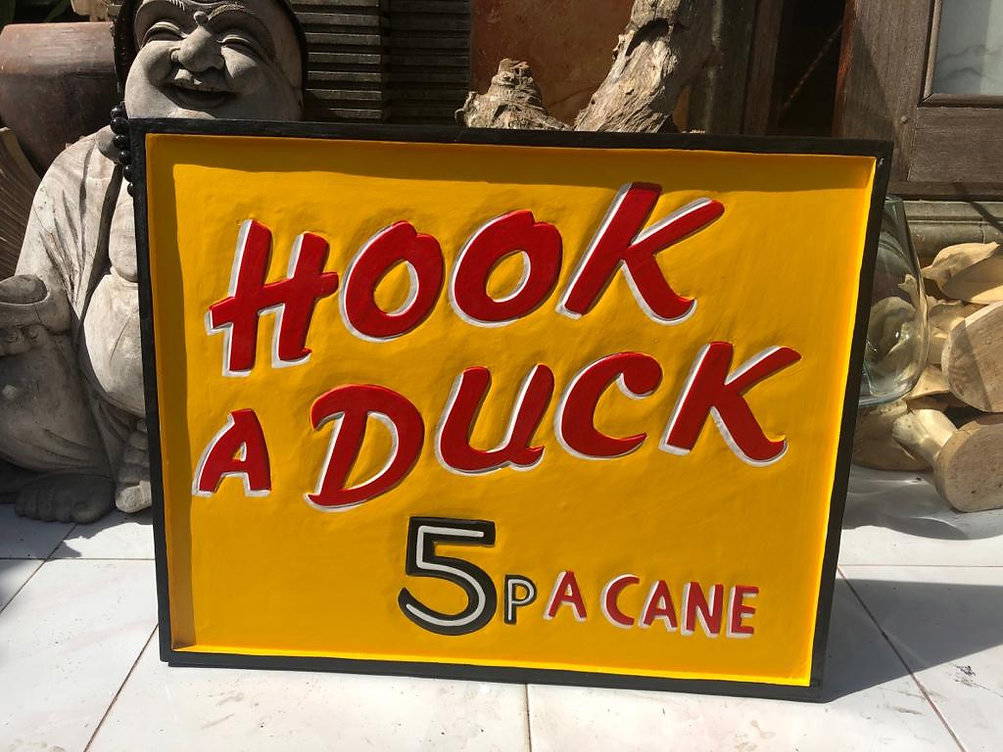 WOODEN "HOOK A DUCK " ENGRAVED COLOURED SIGN 40cm WIDE 50cm HIGH